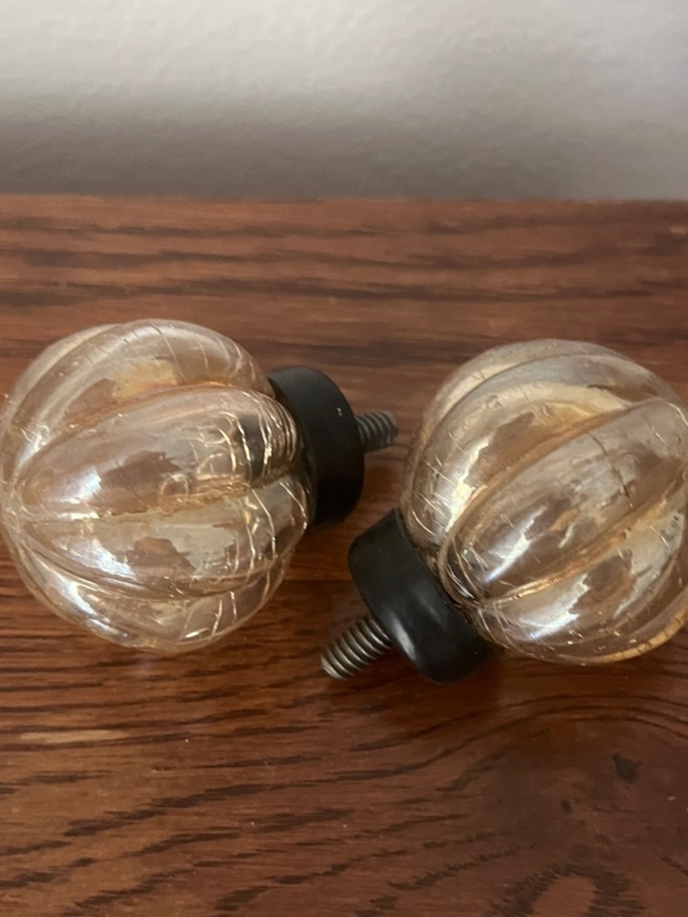Curtain Rod finials/ends: Amber Ribbed Glass - Set of 2